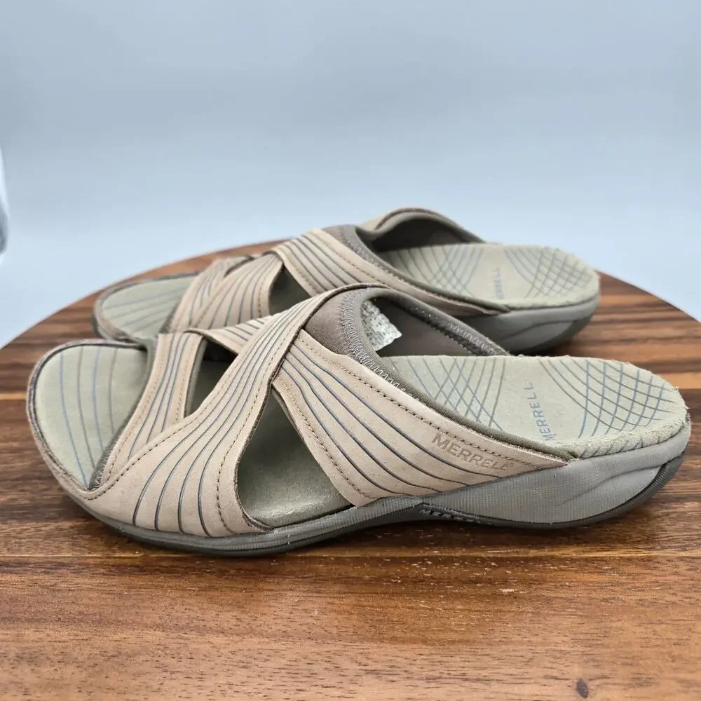 Merrell Sandals Womens 8 Heather Bungee Tan Leather Cross Strap Outdoor Slides